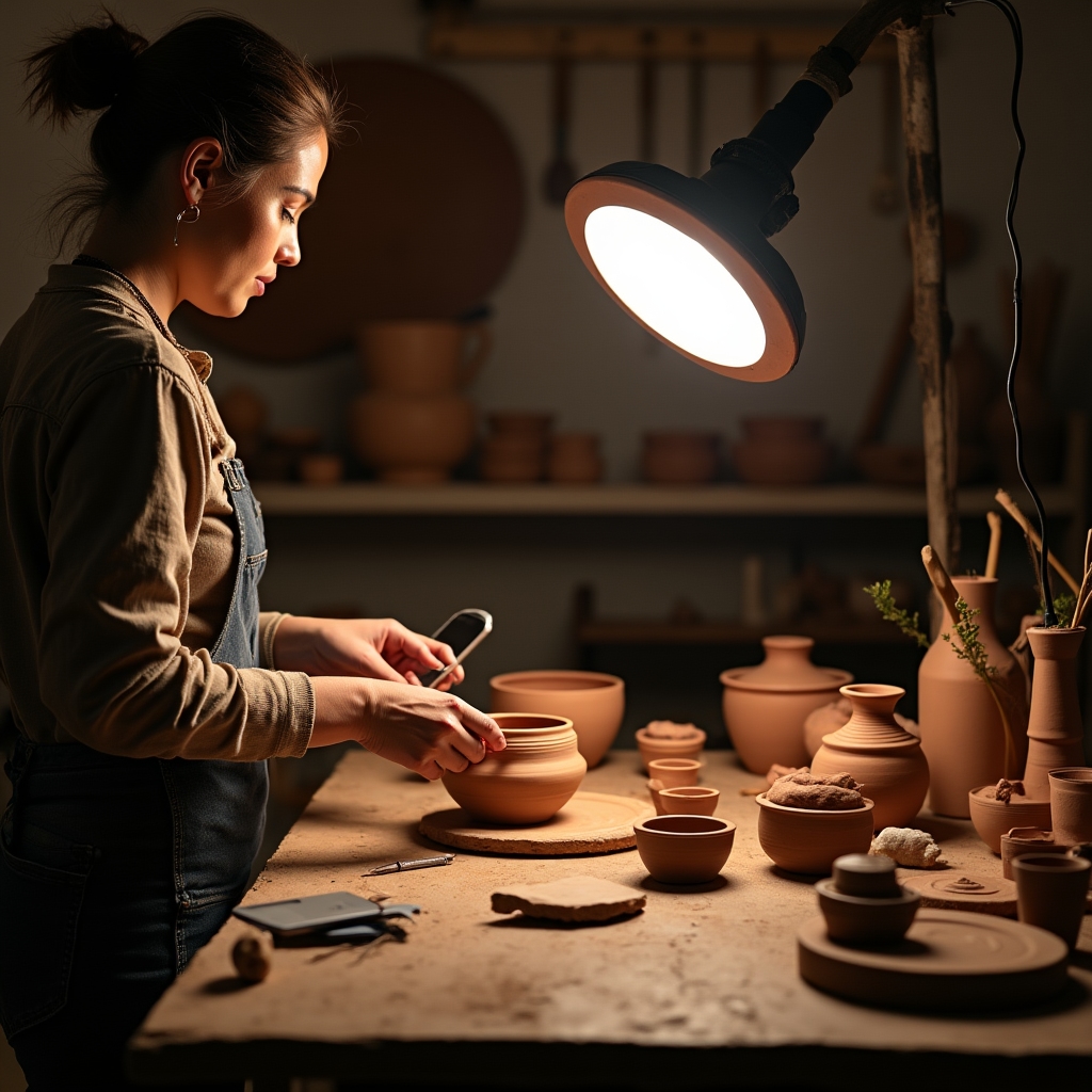 Artesana fotografiando piezas de cerámica para tienda online
